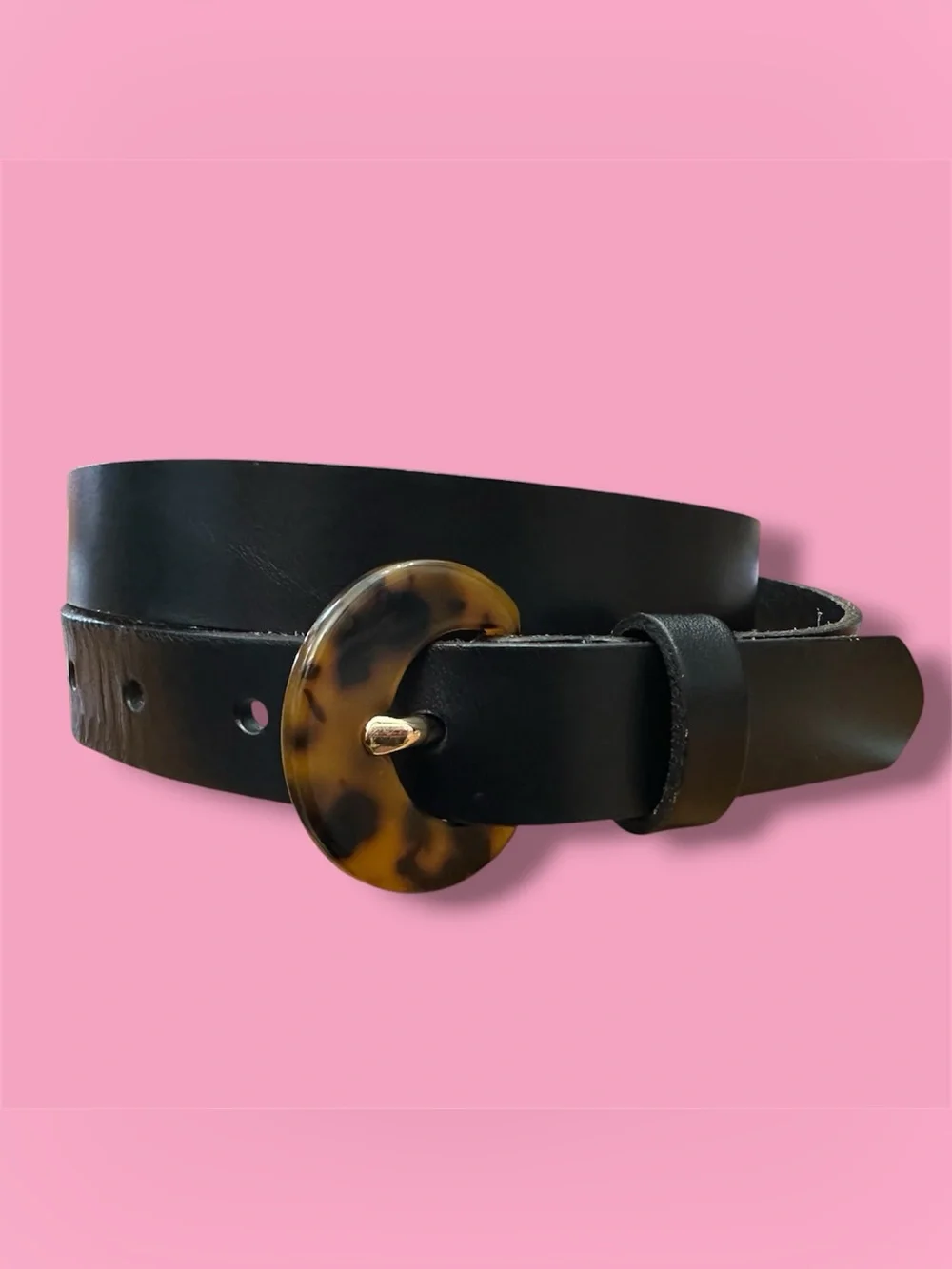 Nordstrom Black Leather Belt with Tortoiseshell-Style Buckle
